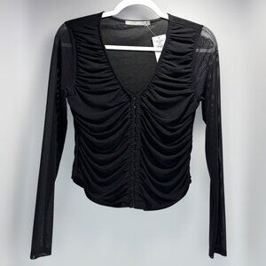 Red by BKE Black Mesh Long Sleeve Ruched V-Neck Top Women’s Medium NWT